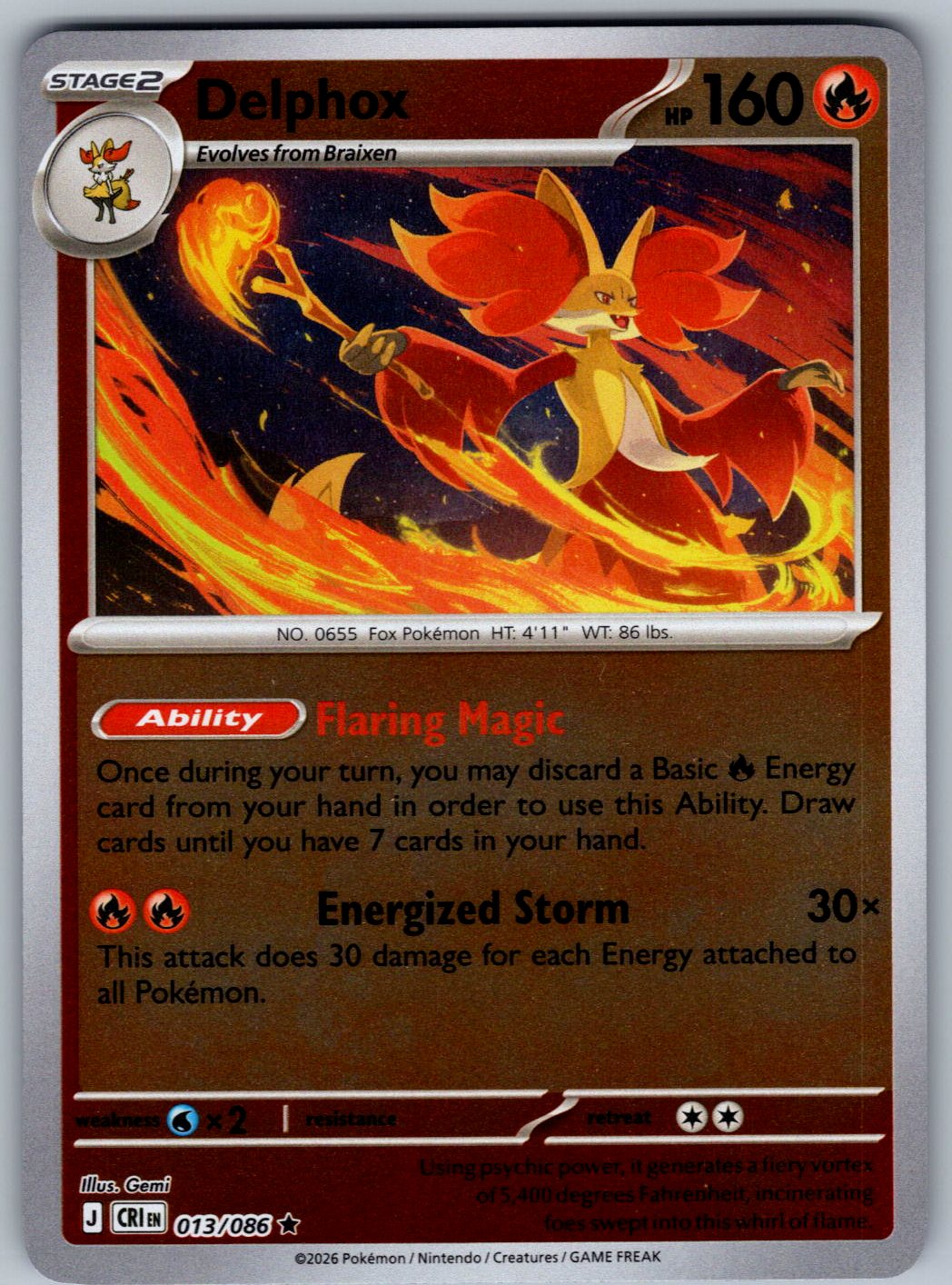 Delphox 013/086 Chaos Rising Pokemon Reverse Holo