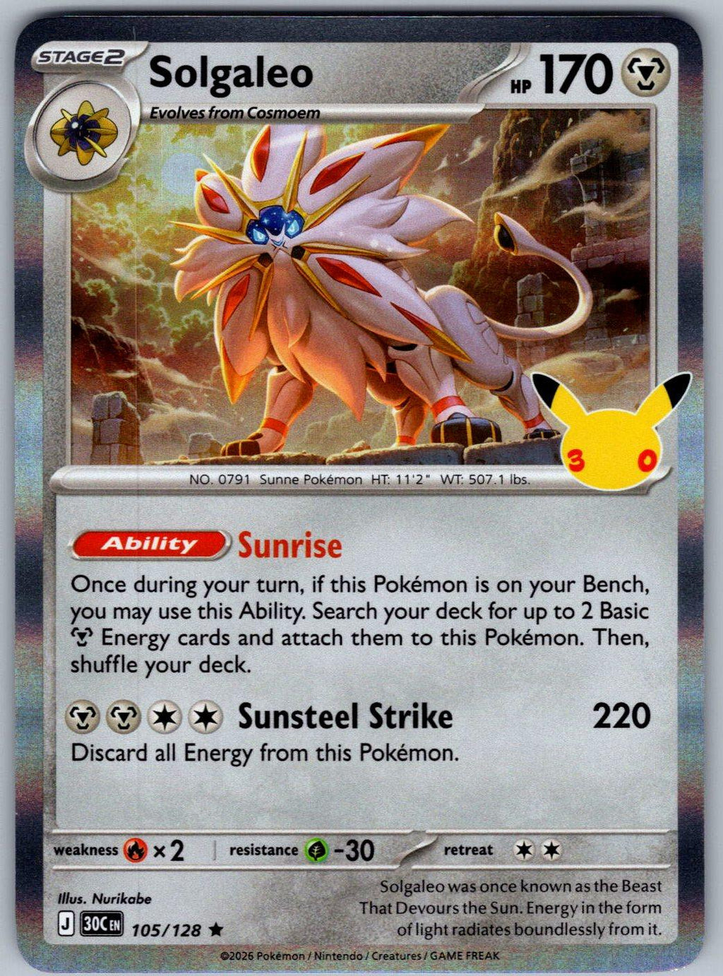 Solgaleo 105/128 ME: 30th Celebration Pokemon Holo