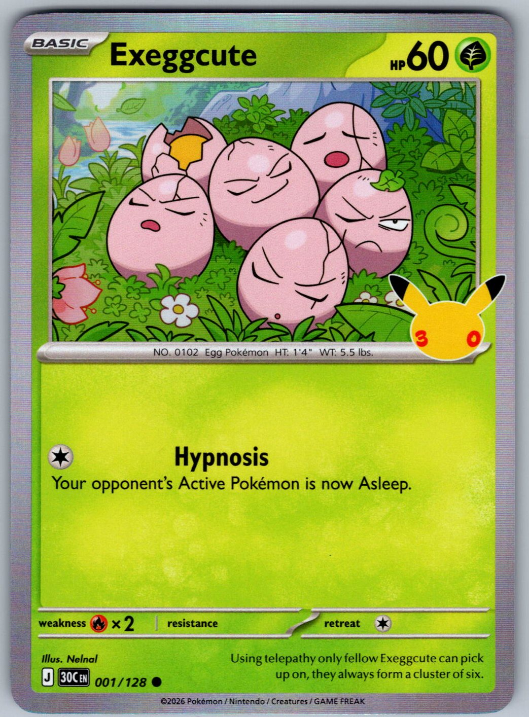 Exeggcute 001/128 ME: 30th Celebration Pokemon Holo