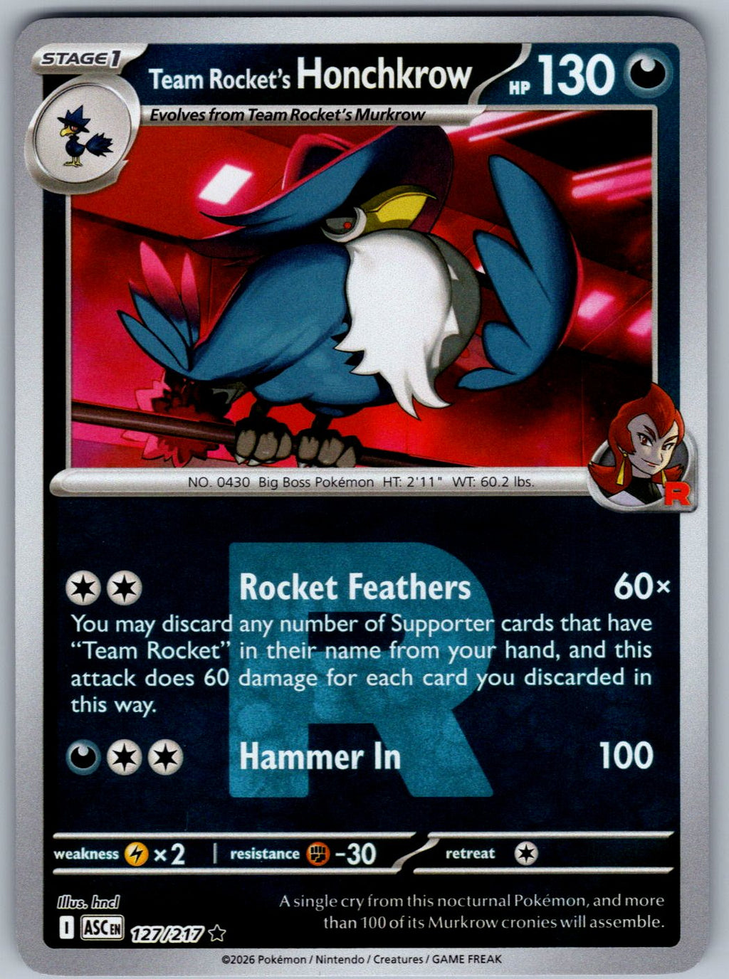 Team Rocket's Honchkrow (Rocket) 127/217 Ascended Heroes Pokemon Reverse Holo