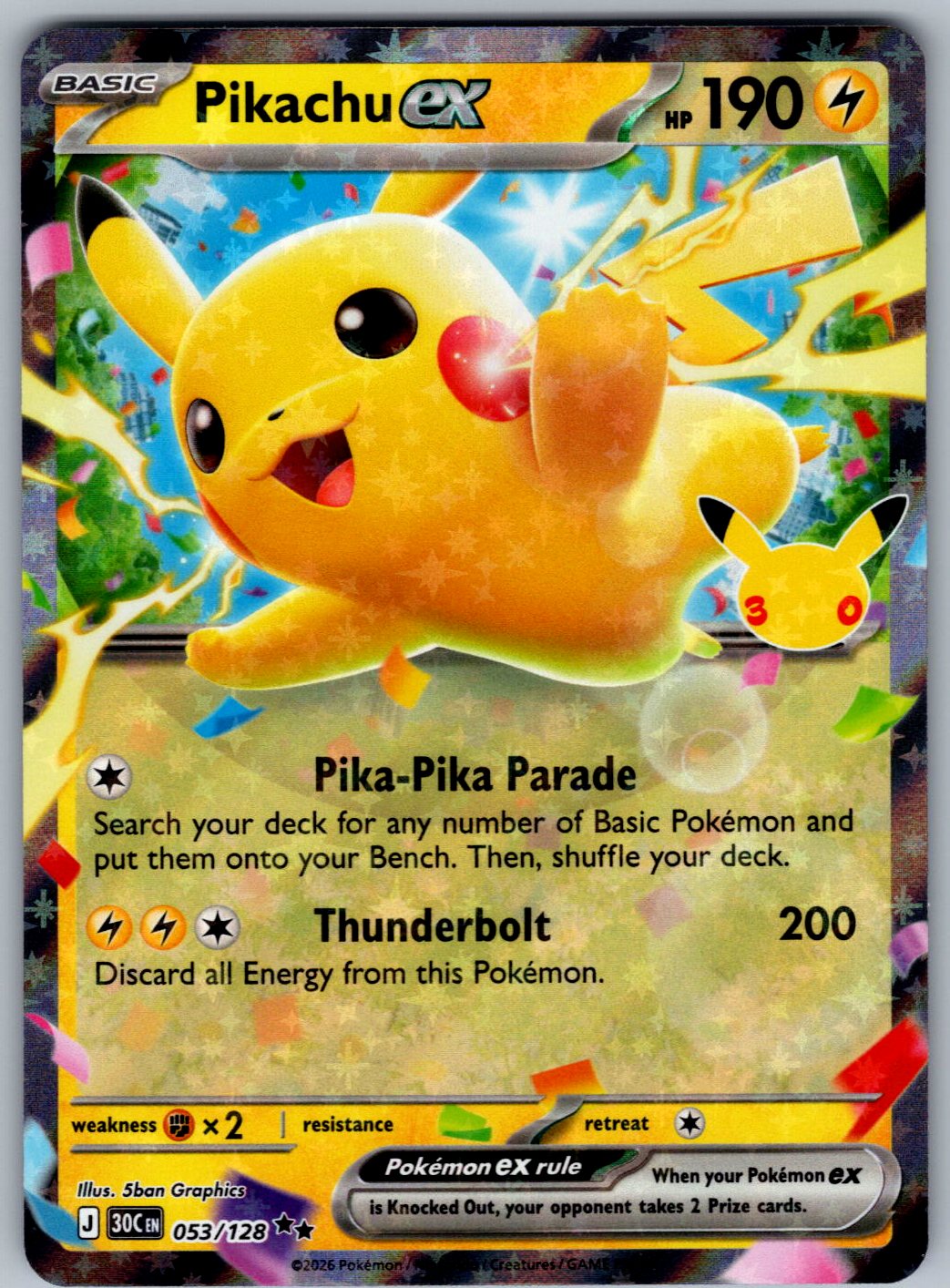 Pikachu ex 053/128 ME: 30th Celebration Pokemon Holo