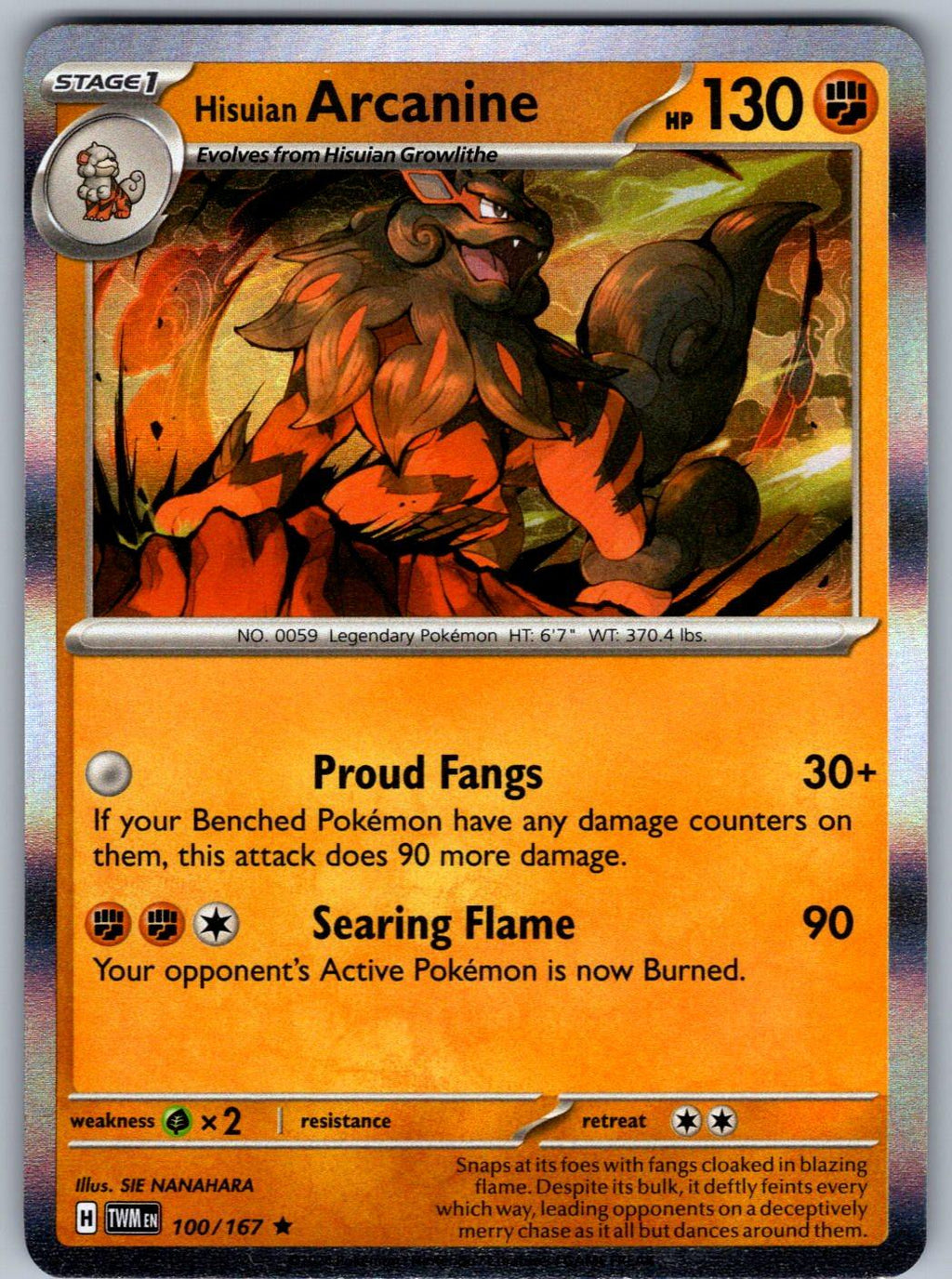 Hisuian Arcanine 100/167 Twilight Masquerade Pokemon Holo