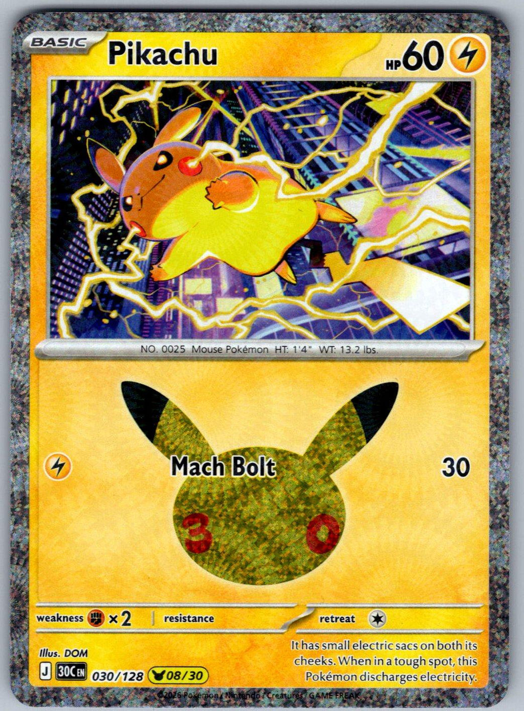 Pikachu 030/128 ME: 30th Celebration Pokemon Holo