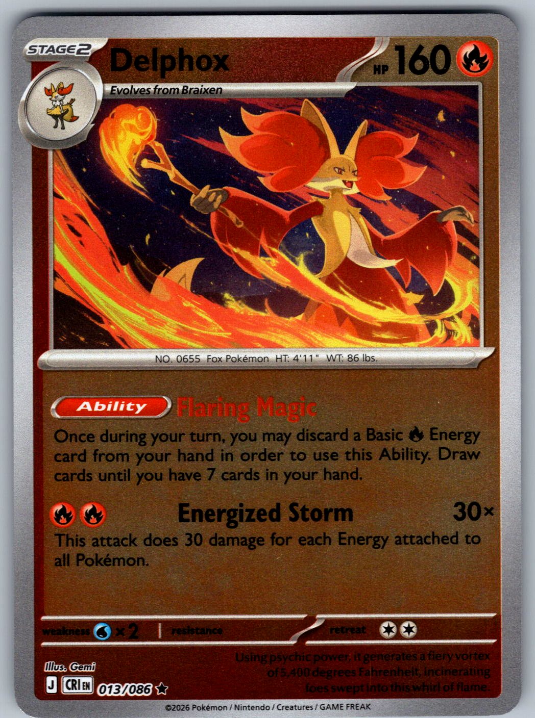 Delphox 013/086 Chaos Rising Pokemon Reverse Holo