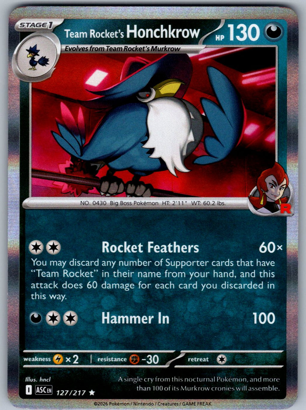 Team Rocket's Honchkrow 127/217 Ascended Heroes Pokemon Holo