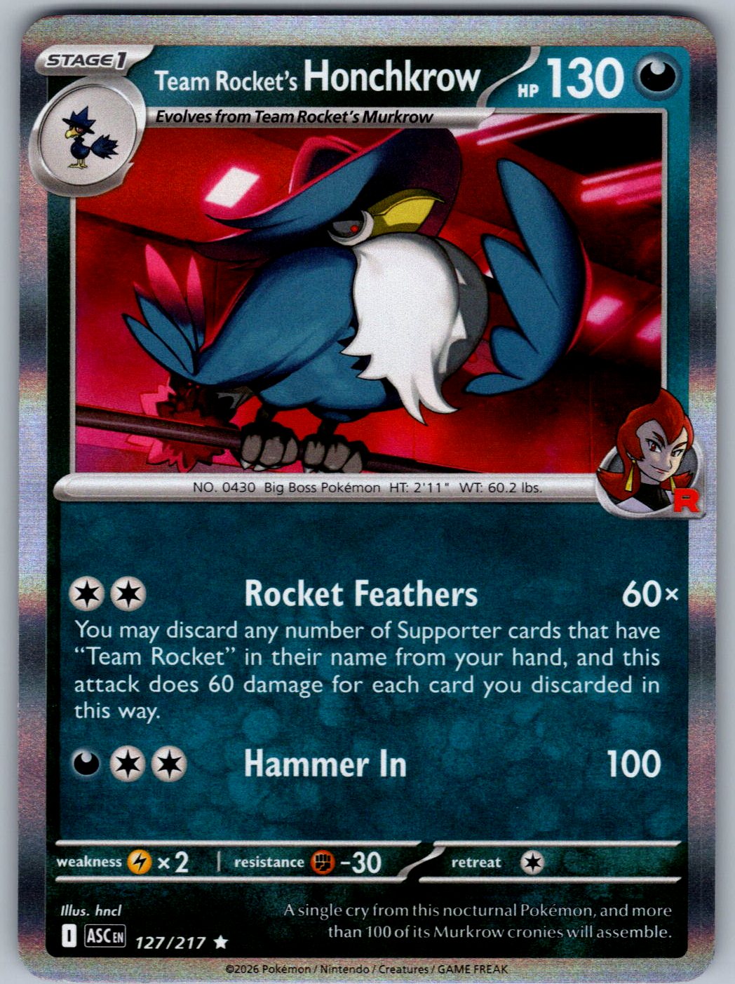 Team Rocket's Honchkrow 127/217 Ascended Heroes Pokemon Holo