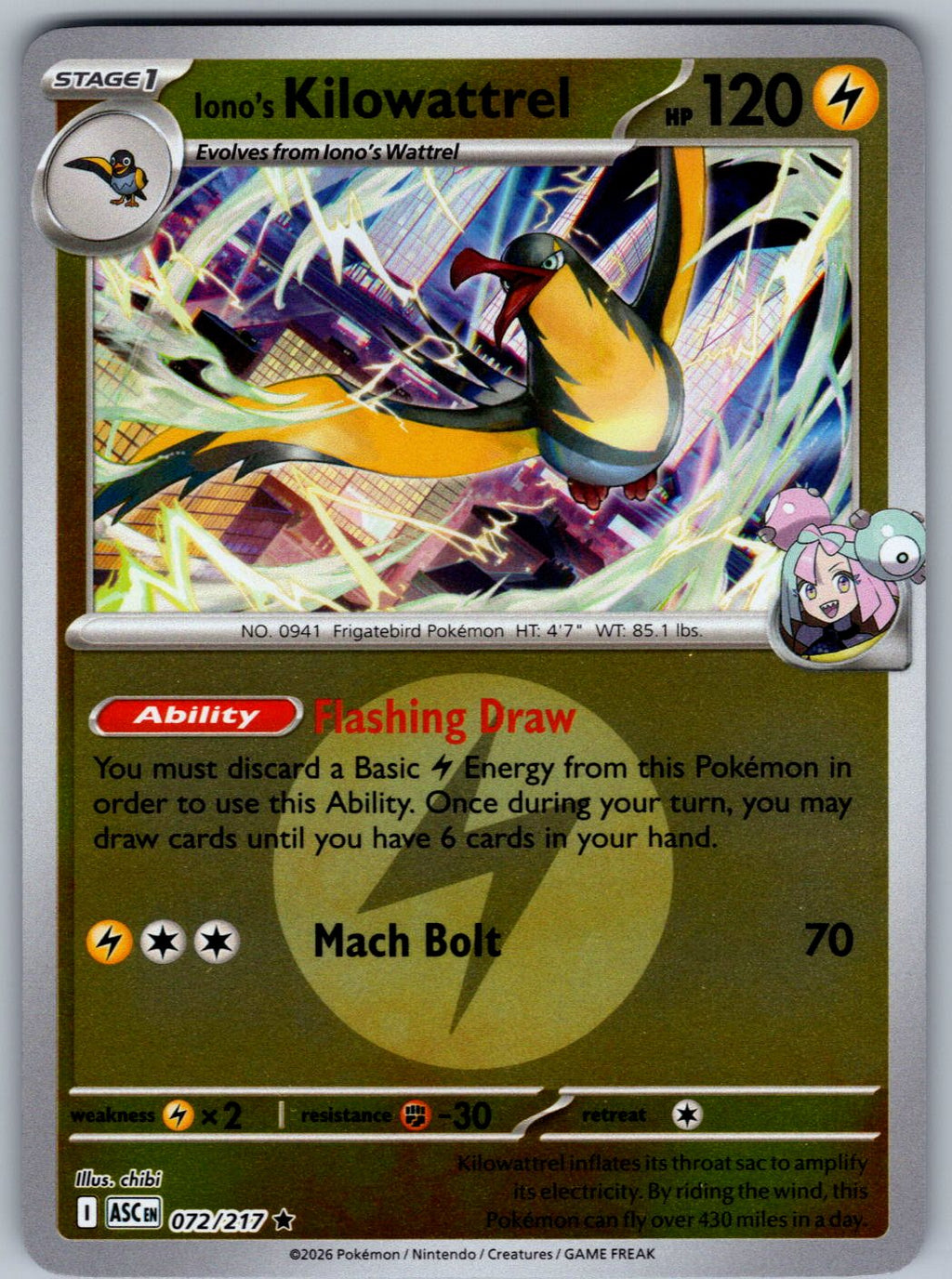 Iono's Kilowattrel (Energy Symbol) 072/217 Ascended Heroes Pokemon Reverse Holo