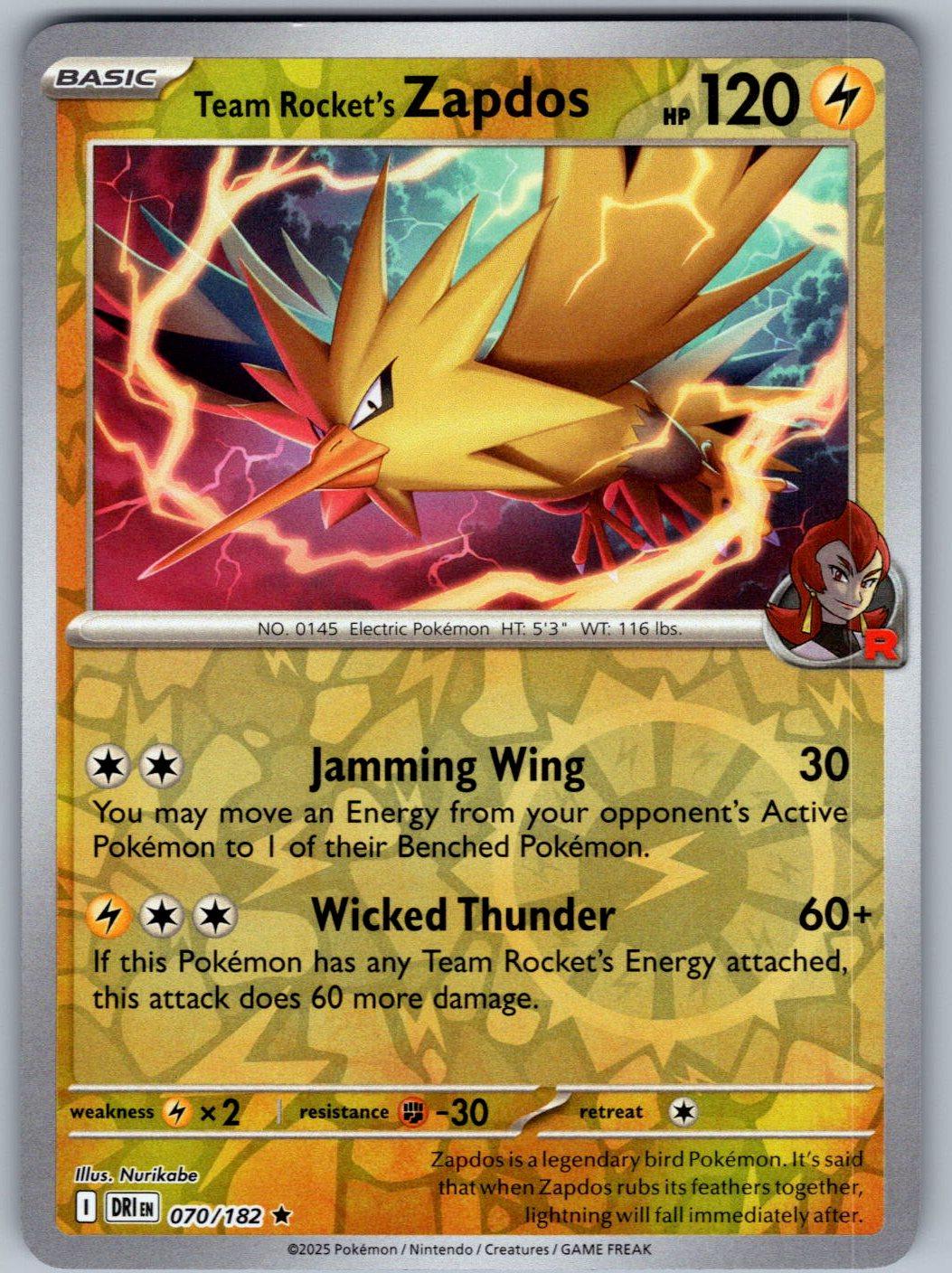 Team Rocket's Zapdos 070/182 Destined Rivals Pokemon Reverse Holo